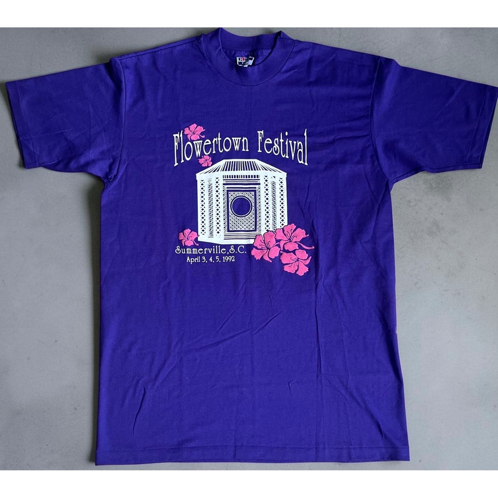 Vintage 1992 Flowertown Festival T-Shirt Hanes Purple Single Stitch Large